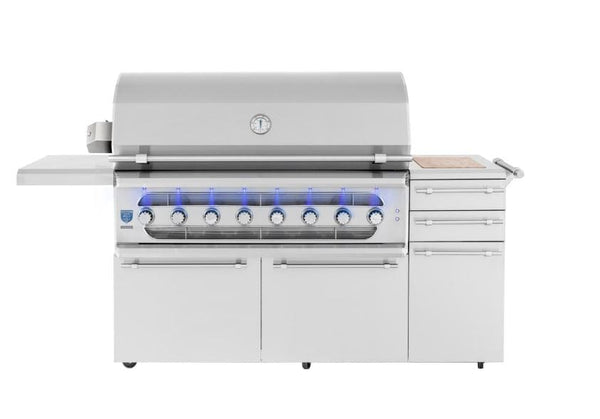 Large stainless steel grill with a closed lid, built-in thermometer, seven LED-lit knobs, side shelves, and multiple storage drawers.