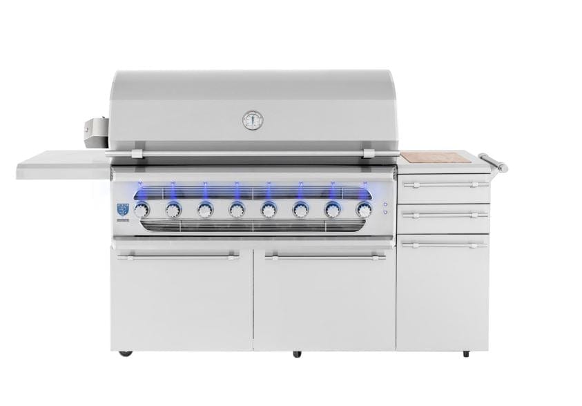 Large stainless steel grill with a closed lid, built-in thermometer, seven LED-lit knobs, side shelves, and multiple storage drawers.