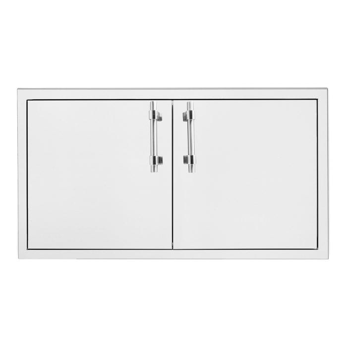 Stainless steel outdoor access doors with a double-door design, sleek handles, and a modern, minimalist frame for storage or utility.