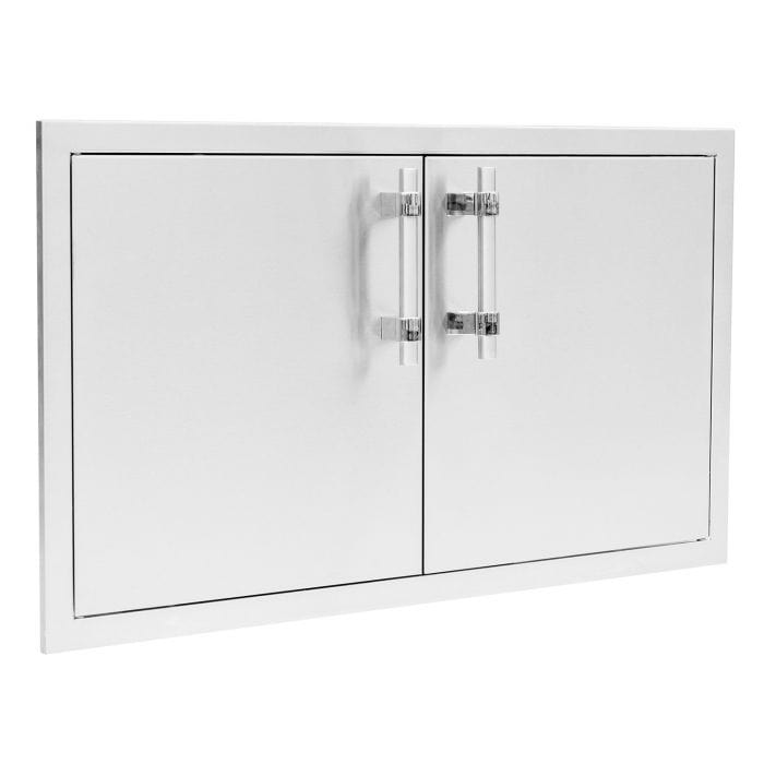 Angled view of stainless steel outdoor double access doors with sleek handles and a polished frame, designed for storage or utility.