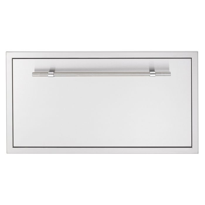 Stainless steel outdoor single access drawer with a large horizontal handle and a sleek, modern design for storage or utility use.