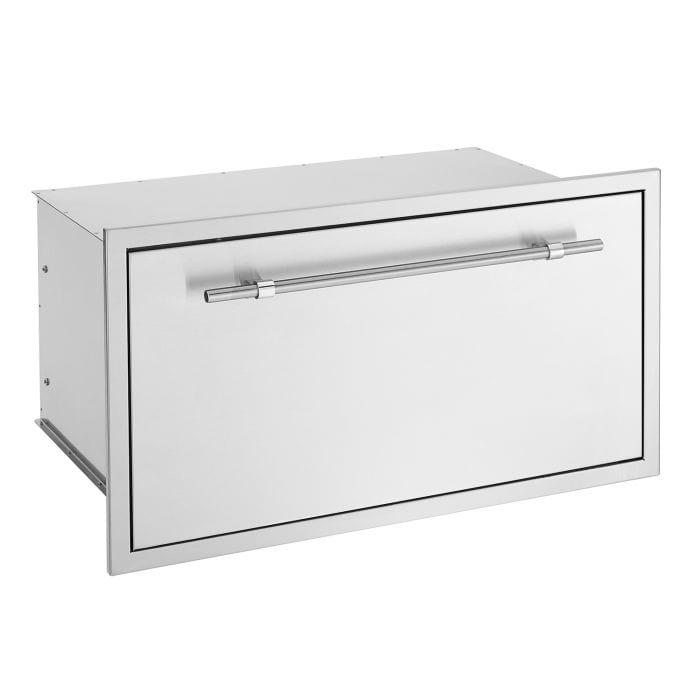 Angled view of a stainless steel outdoor storage drawer with a large horizontal handle and a sleek, modern design for utility purposes.