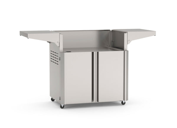 Stainless steel grill cart base with double doors, side shelves, ventilation panel, and caster wheels for outdoor kitchen mobility.