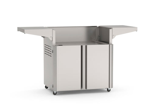 Stainless steel outdoor grill cart with side shelves, double access doors, and caster wheels for mobile backyard grilling station.