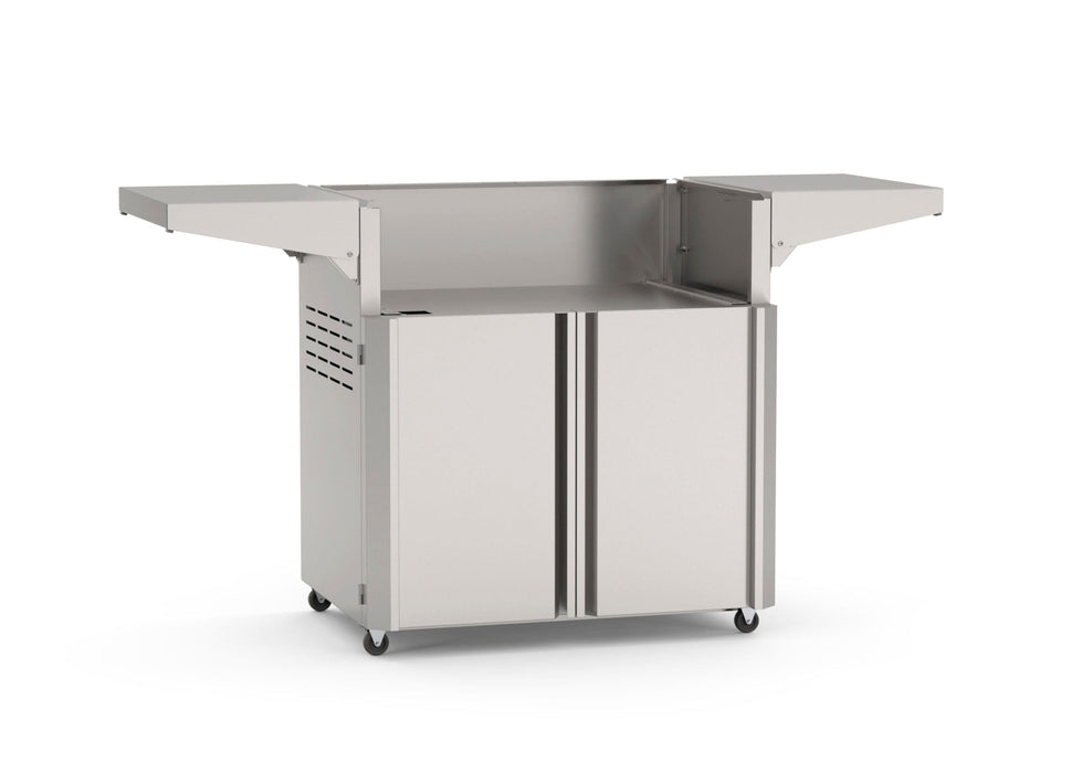 Stainless steel outdoor grill cart with side shelves, double access doors, and caster wheels for mobile backyard grilling station.