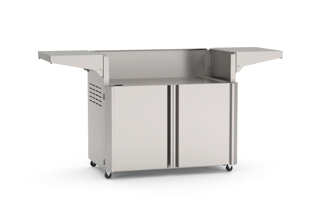 Stainless steel grill cart base with double doors, side shelves, ventilation panel, and caster wheels for outdoor kitchen mobility.