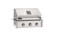 Stainless steel built-in gas grill with hood, analog temperature gauge, and three front control knobs for outdoor kitchen grilling.