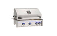 Stainless steel built-in gas grill with hood, temperature gauge, and four illuminated control knobs designed for outdoor kitchen installations.