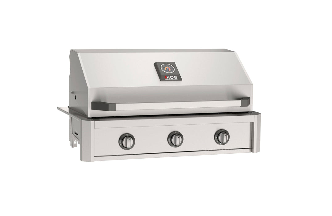Stainless steel built-in gas grill with hood, temperature gauge, and three control knobs designed for outdoor kitchen installations.