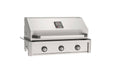 Stainless steel built-in gas grill with hood, temperature gauge, and three control knobs designed for outdoor kitchen installations.