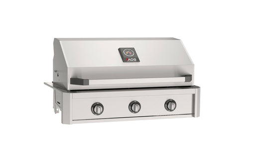 Stainless steel built-in gas grill with hood, temperature gauge, and three control knobs designed for outdoor kitchen installations.