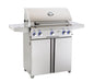 Front view of stainless steel freestanding propane BBQ grill with closed lid, side shelves, and control knobs for backyard grilling