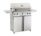 Front view of stainless steel freestanding propane BBQ grill with closed lid, side shelves, and control knobs for backyard grilling