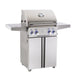 Front view of stainless steel freestanding propane BBQ grill with closed lid, side shelves, and control knobs for backyard grilling