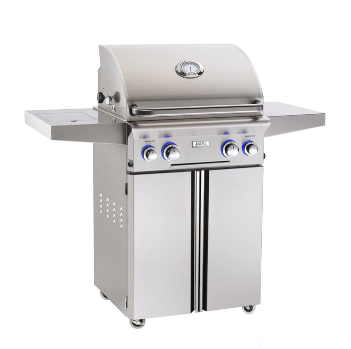 Front view of stainless steel freestanding propane BBQ grill with closed lid, side shelves, and control knobs for backyard grilling