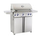 Front view of stainless steel freestanding propane BBQ grill with closed lid, side shelves, and control knobs for backyard grilling