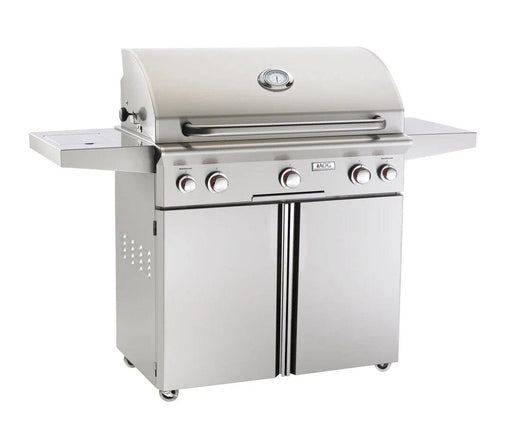 Front view of stainless steel freestanding propane BBQ grill with closed lid, side shelves, and control knobs for backyard grilling