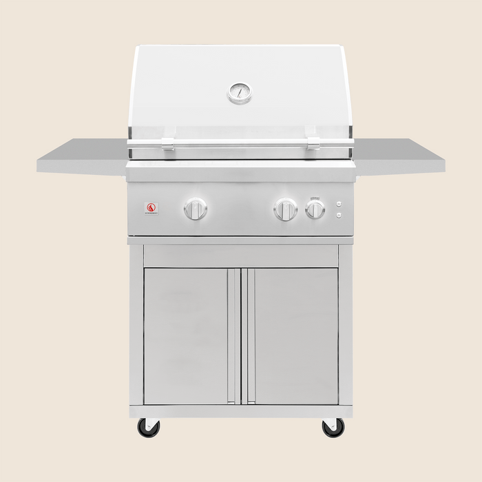 Front view of stainless steel outdoor gas grill with closed hood, side shelves, and storage cabinet on locking caster wheels.