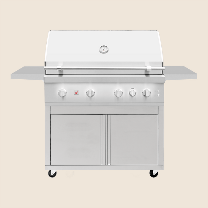 Front view of stainless steel outdoor gas grill with closed hood, four control knobs, side shelves, and lower storage cabinet.