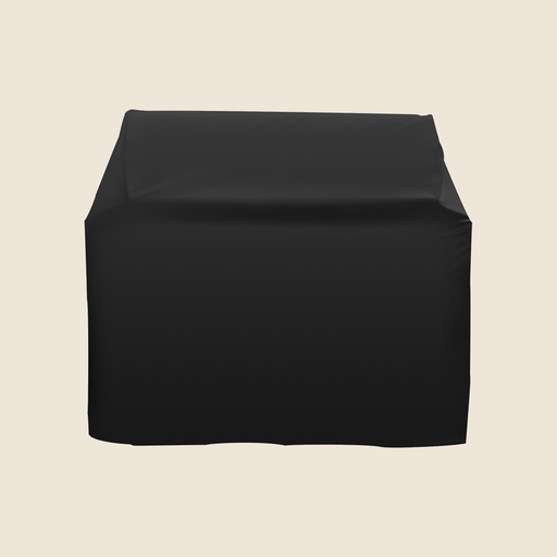 Black protective grill cover made of heavy-duty fabric, designed to shield outdoor barbecue equipment from weather elements.