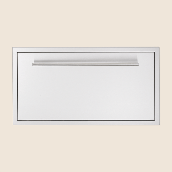 Horizontal stainless steel access door with sleek handle, designed for built-in outdoor kitchen or grill island storage.