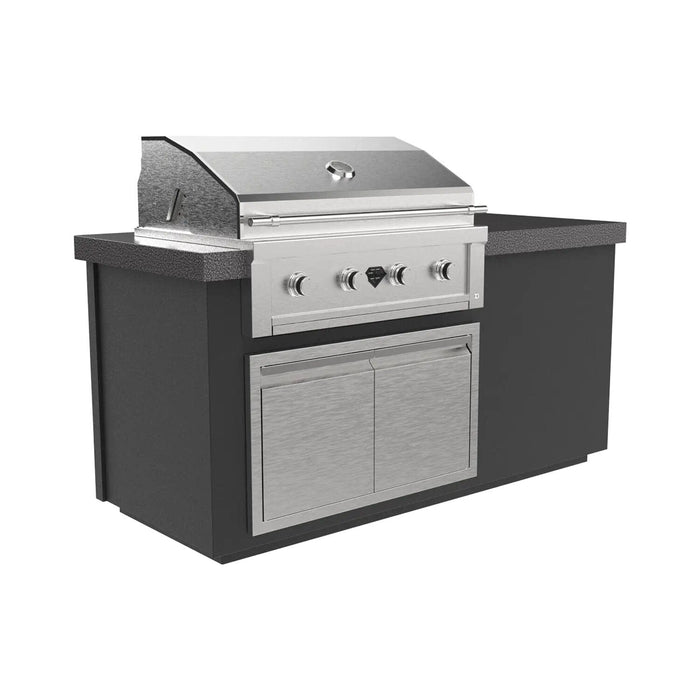BBQ grill island with high-performance stainless steel grill, four CoolTouch knobs, double-door storage, in sleek design