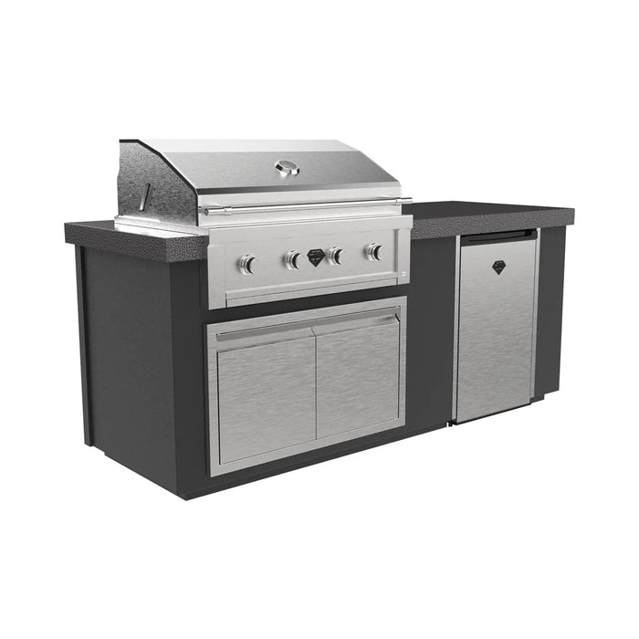 BBQ grill island with high-performance stainless steel grill, four CoolTouch knobs, double-door storage, and compact refrigerator in sleek design