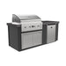 BBQ grill island with high-performance stainless steel grill, four CoolTouch knobs, double-door storage, and compact refrigerator in sleek design