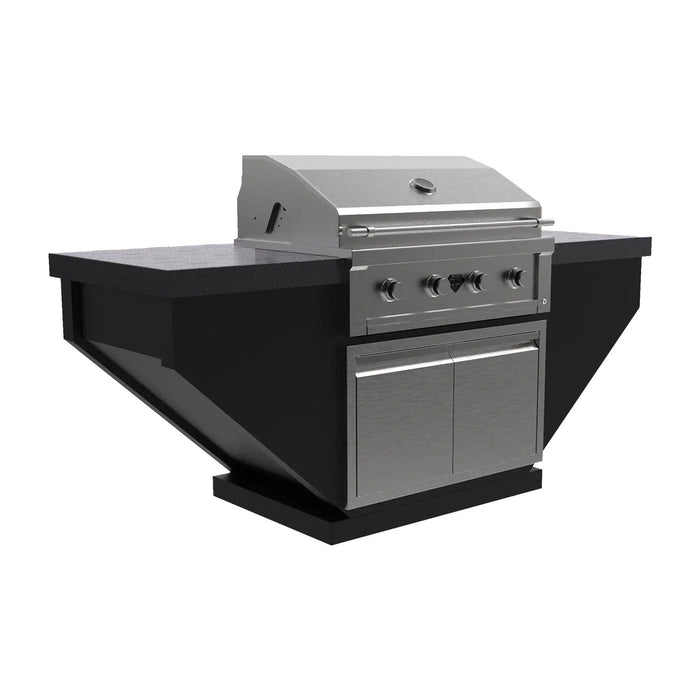 BBQ Island with stainless steel grill with four knobs, angular black base, double-door storage, and extended countertops