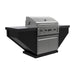 BBQ Island with stainless steel grill with four knobs, angular black base, double-door storage, and extended countertops