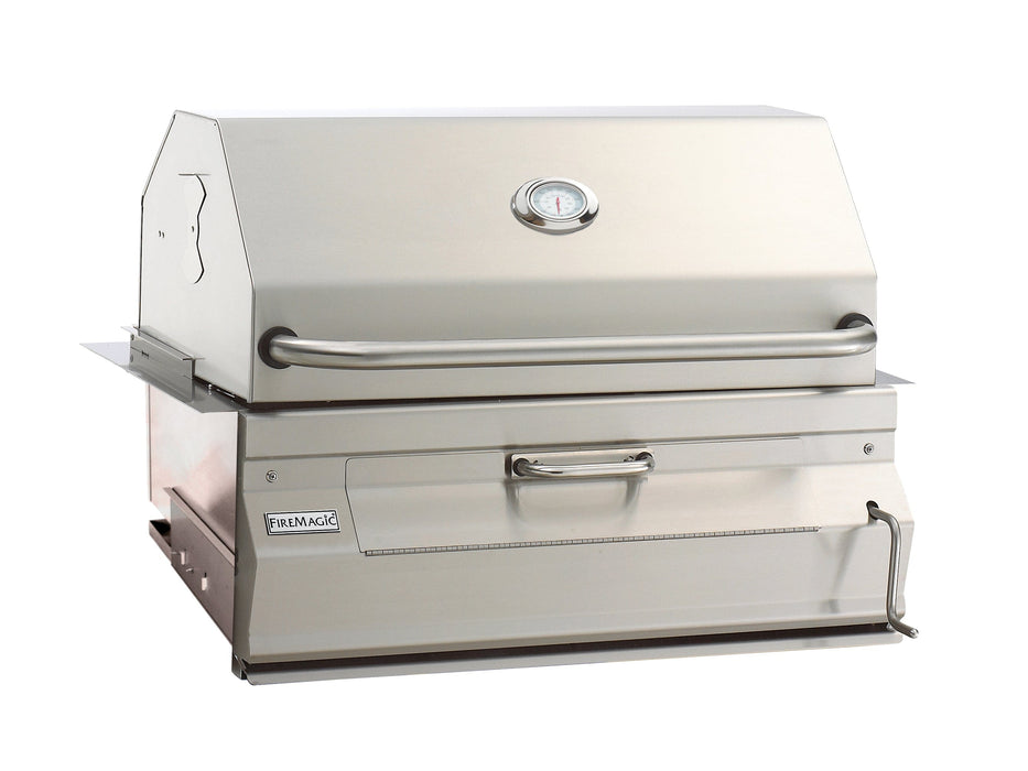 Stainless steel charcoal grill with built-in thermometer, front-access ash tray, and sturdy handle for outdoor cooking.