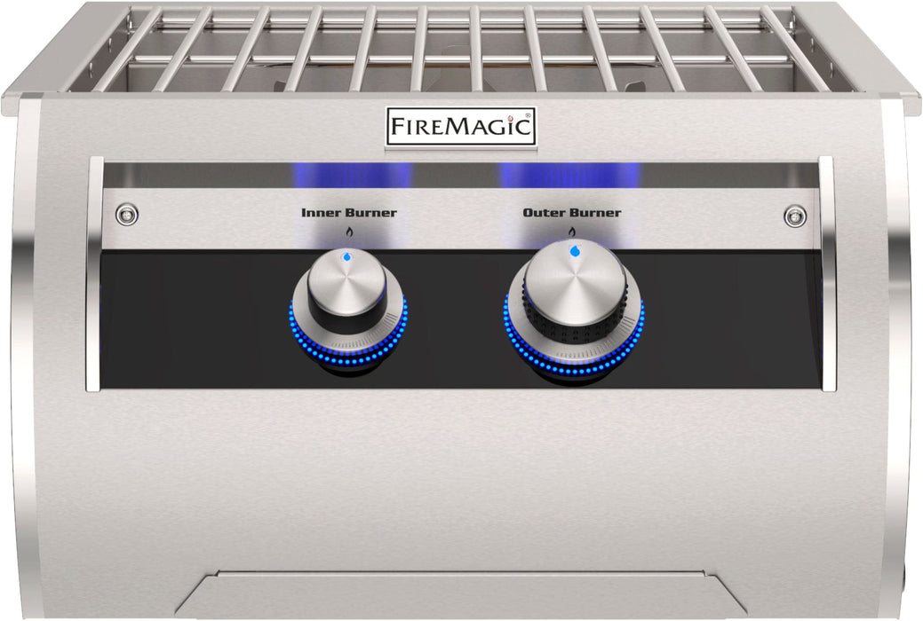Close-up of stainless steel double side burner with blue LED-lit control knobs labeled Inner Burner and Outer Burner for precise heat control.