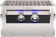 Close-up of stainless steel double side burner with blue LED-lit control knobs labeled Inner Burner and Outer Burner for precise heat control.