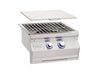 Built-in stainless steel double side burner with removable lid, blue LED-lit knobs, and heavy-duty grates for outdoor cooking convenience.