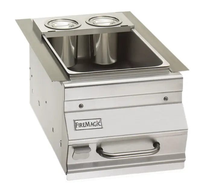 Stainless steel outdoor beverage center with dual cup holders, built-in bin, and handle for convenient drink preparation and storage.