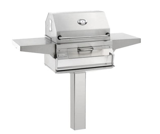 Stainless steel pedestal charcoal grill with side shelves, front ash tray, and built-in thermometer for outdoor cooking.
