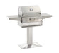 Pedestal-mounted stainless steel charcoal grill with built-in thermometer, foldable side shelves, and front ash tray for outdoor use.