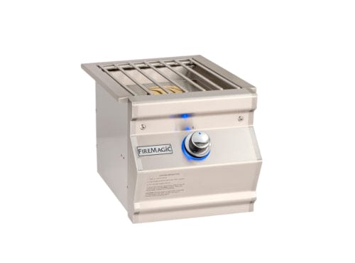 Built-in stainless steel single side burner with blue LED-lit control knob and protective cooking grate for precise outdoor cooking.