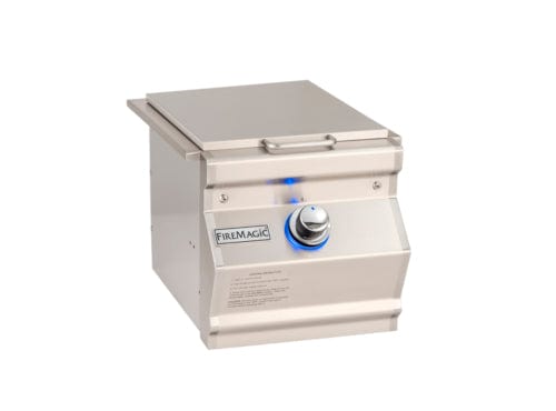 Built-in stainless steel single side burner with closed lid and blue LED-lit control knob, designed for outdoor kitchen cooking.