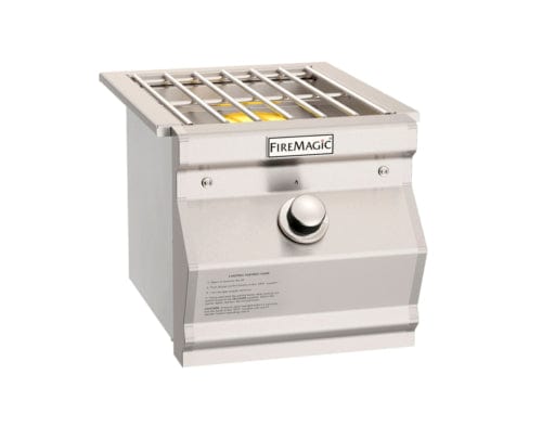 Stainless steel single side burner with protective grate and control knob, designed for outdoor cooking and grilling versatility.