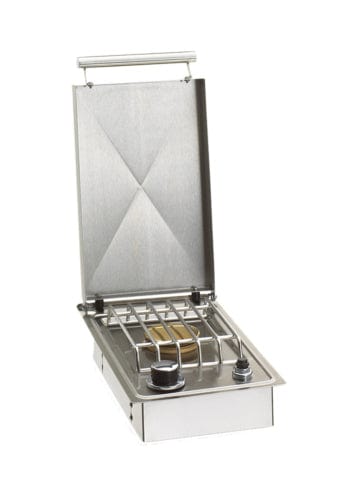 Sleek stainless steel single side burner with lid open, showing brass burner element, control knobs, and protective cooking grate.