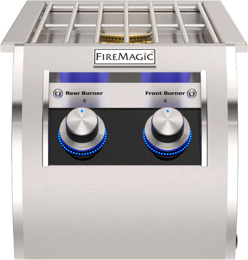 Close-up of dual burner control panel with illuminated knobs labeled for front and rear burners, stainless steel body, and cooking grate.