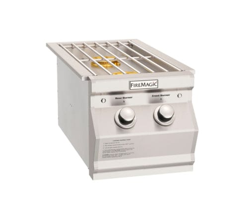 Stainless steel double side burner with front and rear controls, protective cooking grate, and durable design for outdoor kitchens.