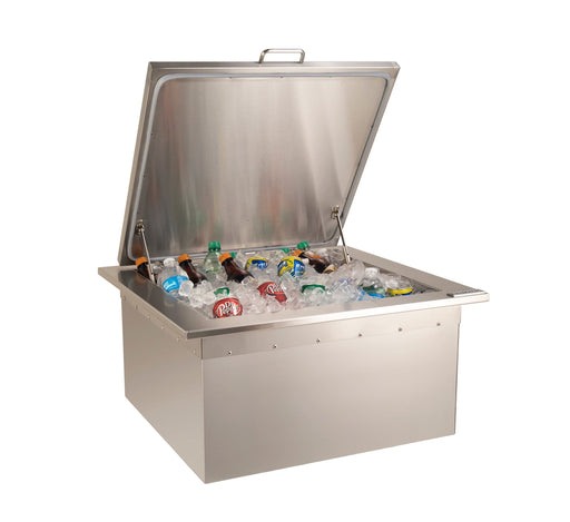 Stainless steel outdoor ice bin cooler with hinged lid, filled with ice and assorted bottled and canned beverages for backyard entertaining.