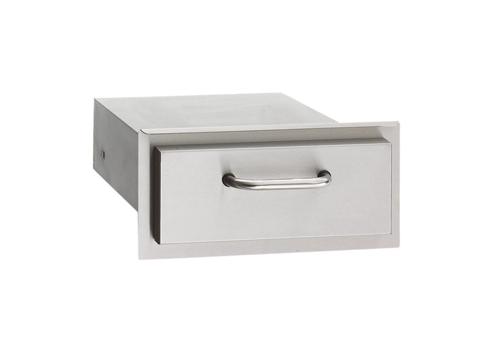 Stainless steel single storage drawer with a sleek handle, designed for built-in outdoor kitchen and grilling area organization.