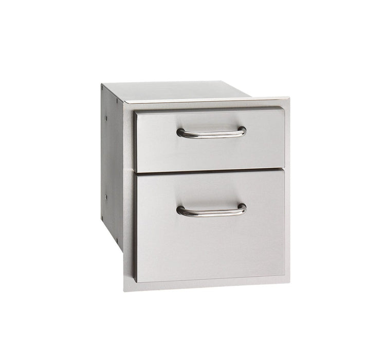 Stainless steel double drawer storage unit with one small top drawer and a larger bottom drawer, designed for outdoor kitchen use.