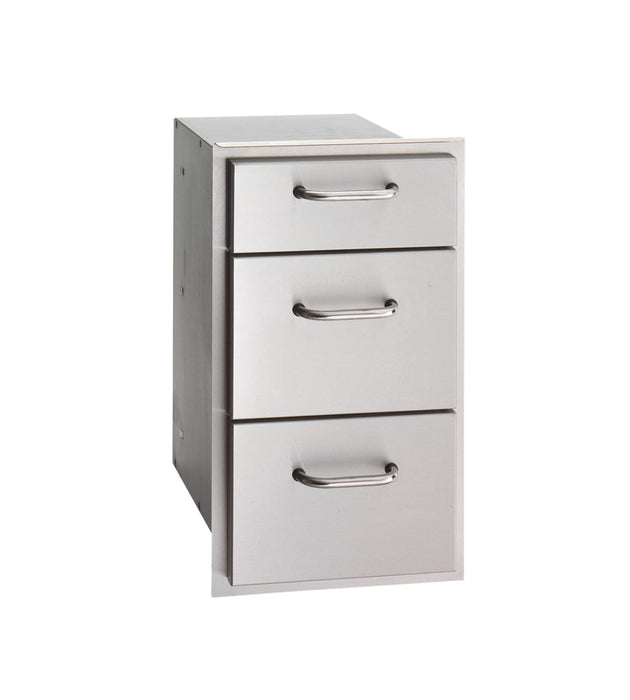 Stainless steel triple drawer storage unit with sleek handles, designed for outdoor kitchen organization and built-in installation.
