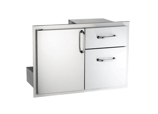  Stainless steel access door and double drawer combo unit, designed for outdoor kitchens to provide storage and equipment access.