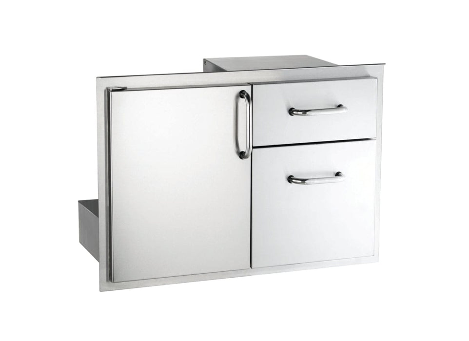  Stainless steel access door and double drawer combo unit, designed for outdoor kitchens to provide storage and equipment access.
