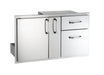 Stainless steel double access door with adjacent double drawers, designed for outdoor kitchen storage and built-in installation.